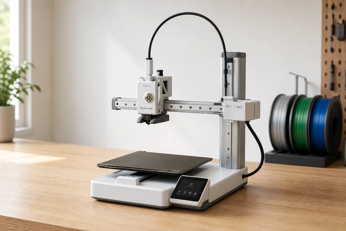 Bambu Lab A1 Mini compact 3D printer on a bright maker desk