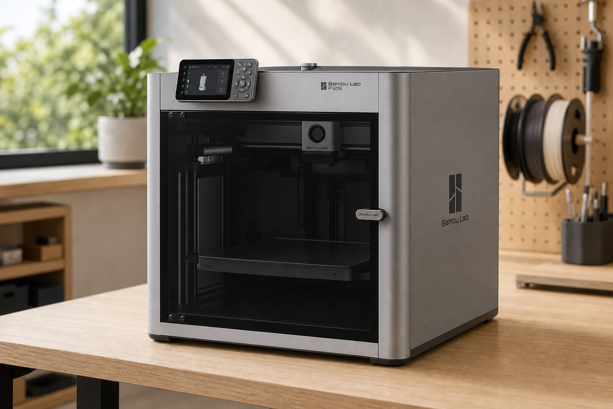 Bambu Lab P2S enclosed 3D printer on a bright maker desk