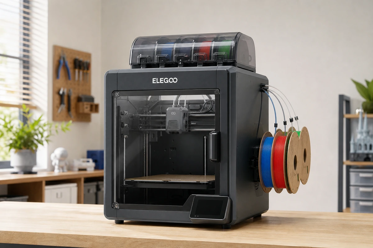 Elegoo Centauri Carbon 2 Combo enclosed 3D printer on a bright maker desk