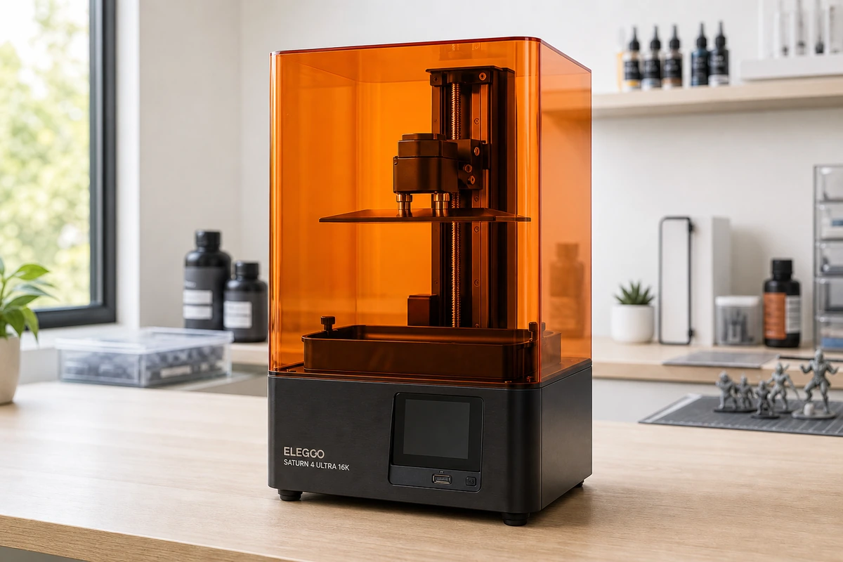 Elegoo Saturn 4 Ultra 16K resin 3D printer on a bright maker desk