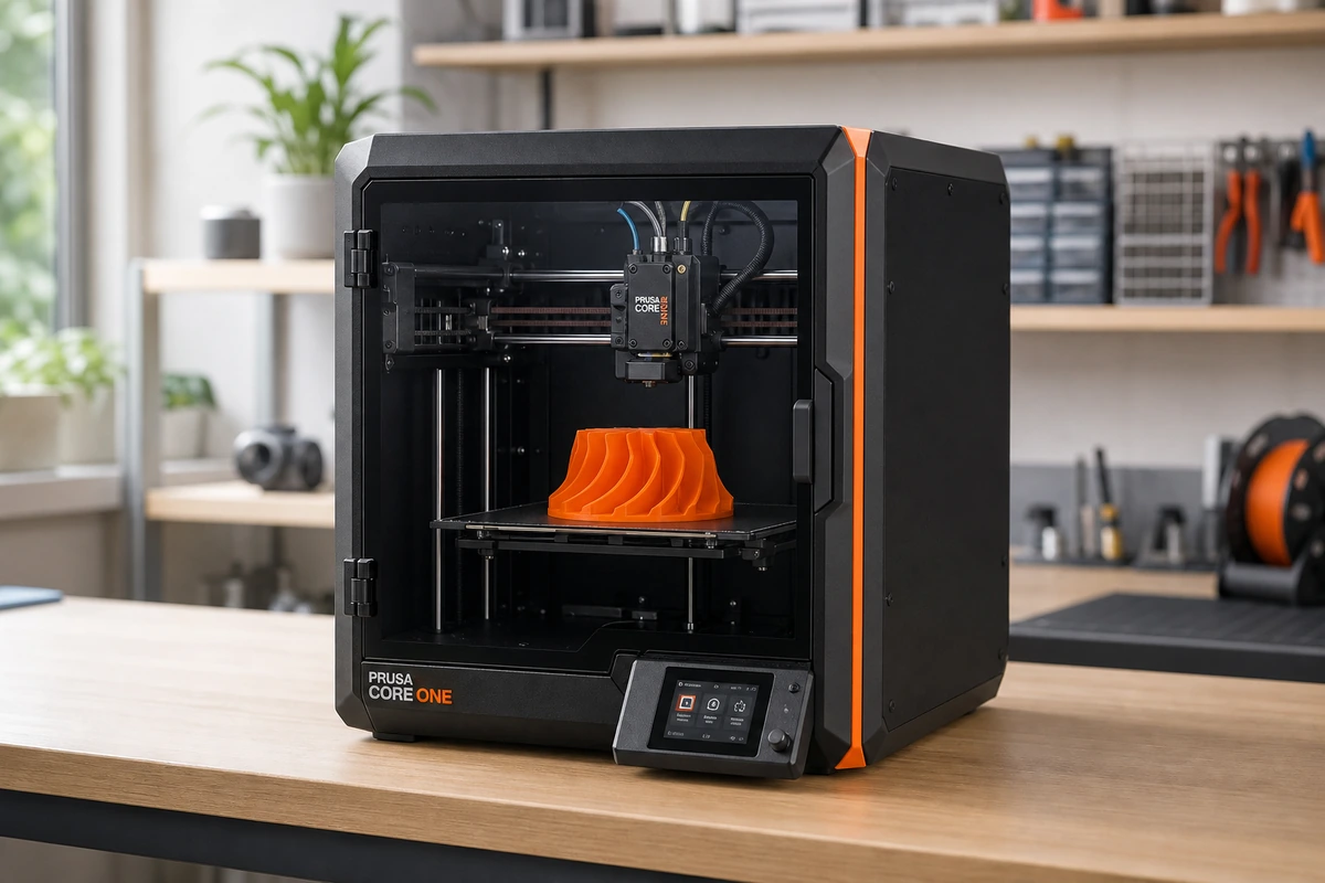 Prusa CORE One enclosed 3D printer on a bright maker desk