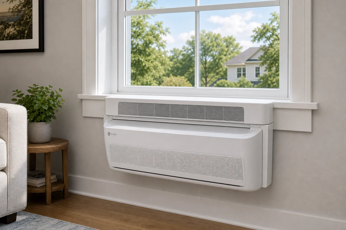 GE Profile ClearView 8,300 BTU below-sill smart window air conditioner installed in a bright room