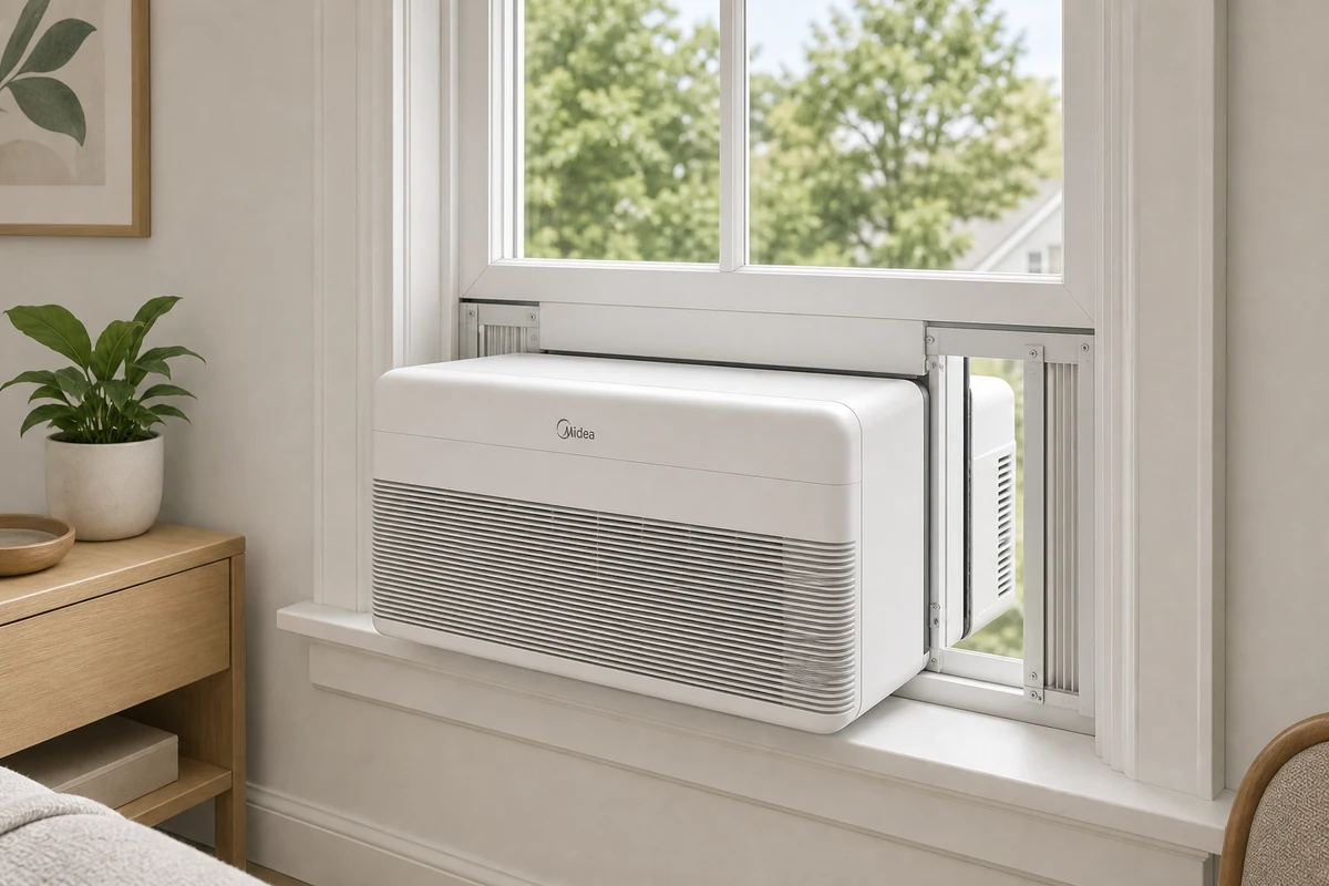 Midea U+ 8,000 BTU U-shaped smart inverter window air conditioner installed in a bright room