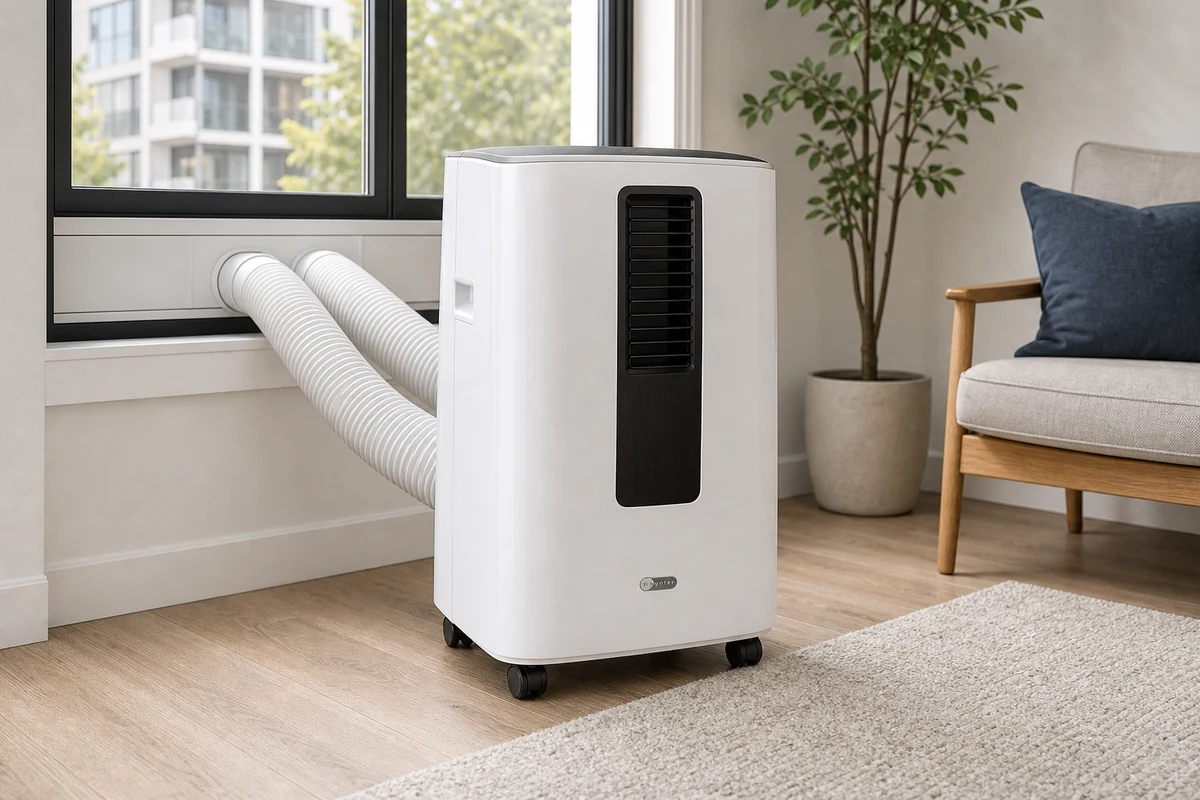 Whynter NEX ARC-1230WN dual-hose portable air conditioner connected to a window vent kit
