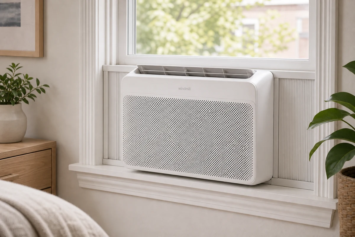 Windmill WhisperTech 8,000 BTU smart window air conditioner installed in a bright room