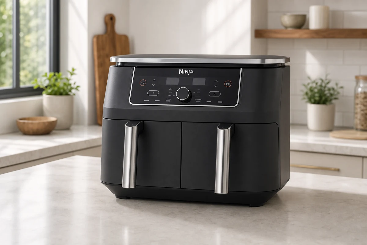 Ninja Foodi DualZone two-basket air fryer on a bright kitchen counter