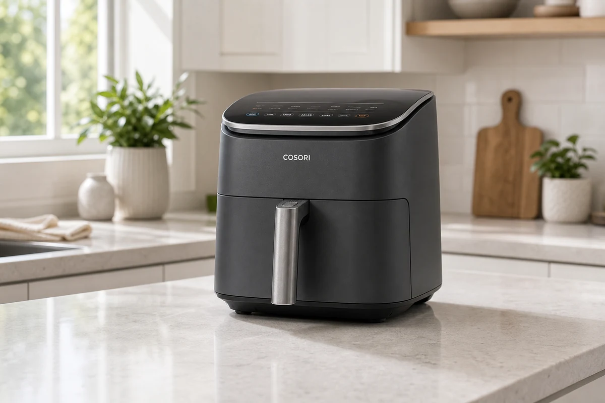 Cosori TurboBlaze compact air fryer on a bright kitchen counter