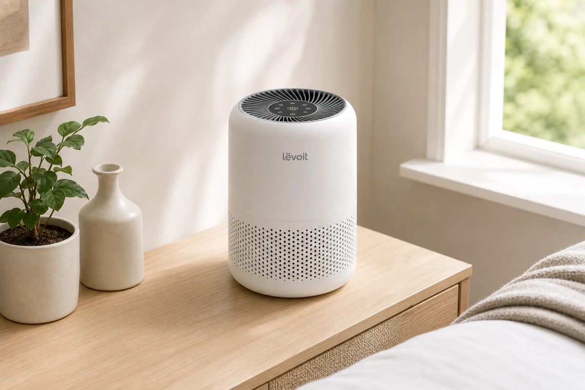 Palm-sized Levoit Core Mini purifier sitting on a desk beside a workspace in a bright room
