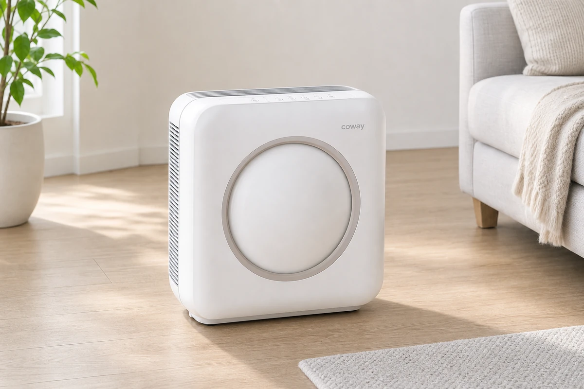 White Coway Airmega AP-1512HH with its round front air-quality indicator, running in a bright living room