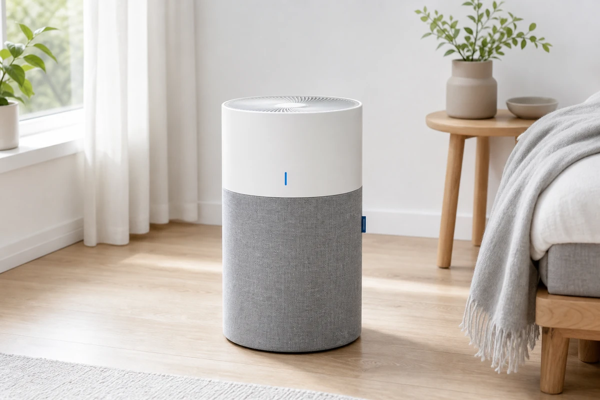 Blueair Blue Pure 311 Auto with its gray fabric pre-filter base and white top panel in a sunlit bedroom