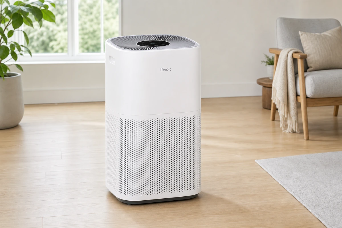 Levoit Core 600S, a tall white cylinder with top display panel, clearing the air in a large open-plan living space