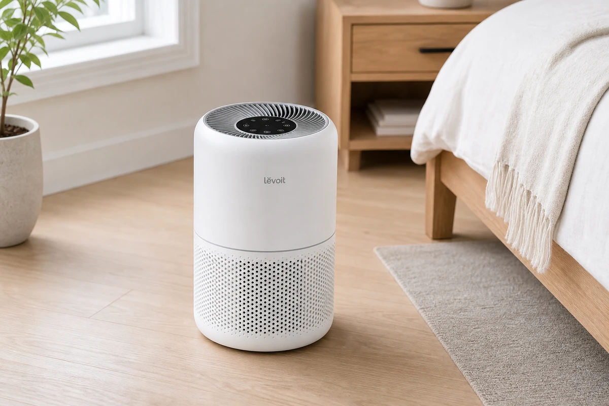 Compact white Levoit Core 300S smart purifier with PM2.5 display on a bedroom side table