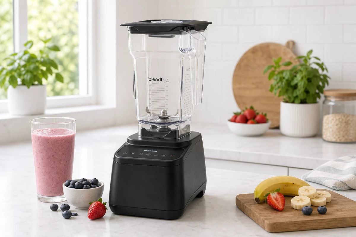 Blendtec Classic 575 blender in a bright kitchen interior