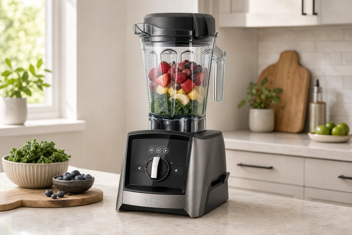 Vitamix A3500 blender in a bright kitchen interior