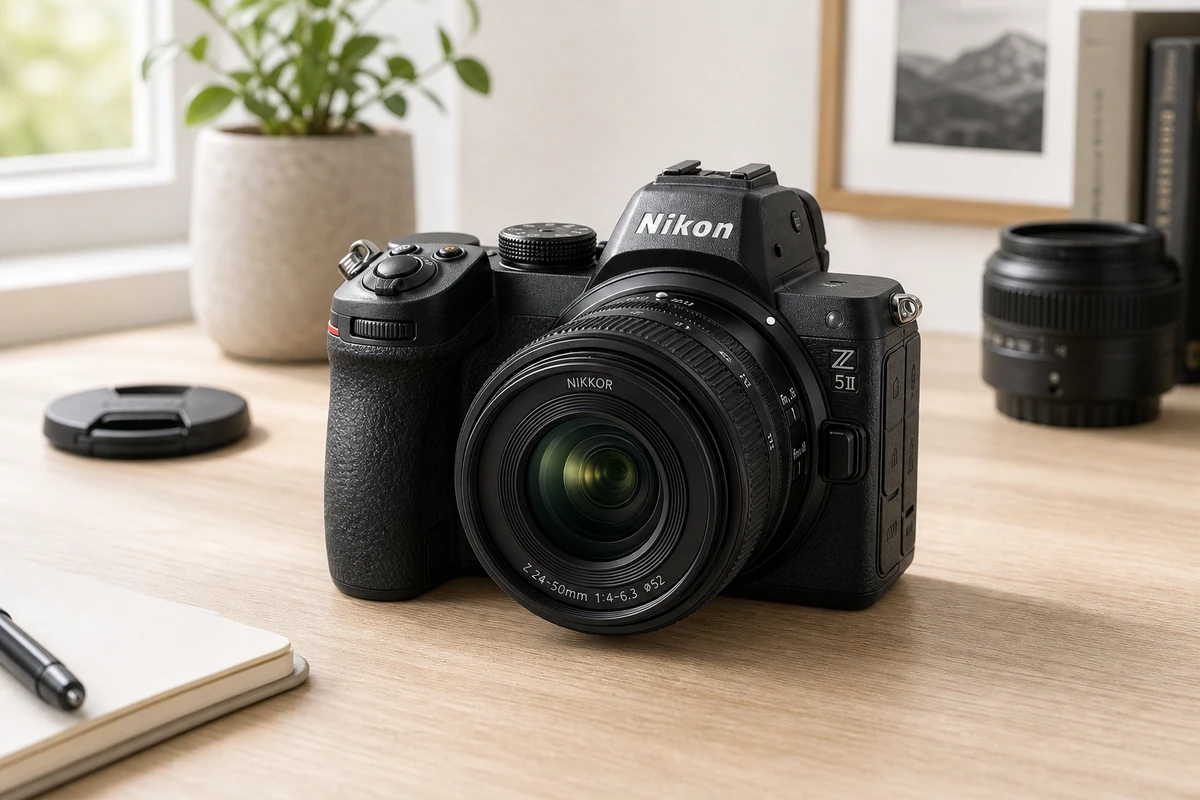 Nikon Z5 II full-frame mirrorless camera resting on a bright creative desk