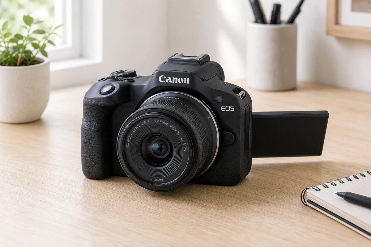 Canon EOS R50, a small beginner-friendly mirrorless camera, set up in a bright home studio