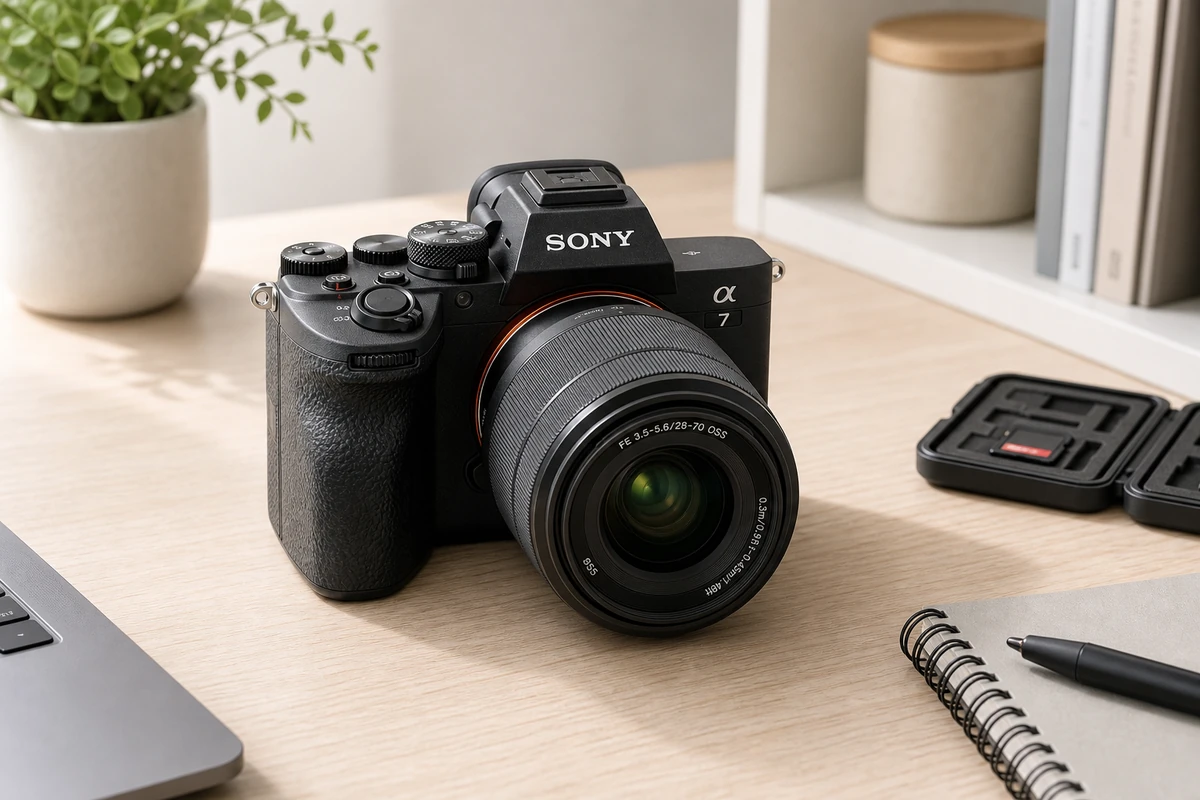 Sony A7 IV hybrid full-frame mirrorless camera on a creator's desk in bright daylight