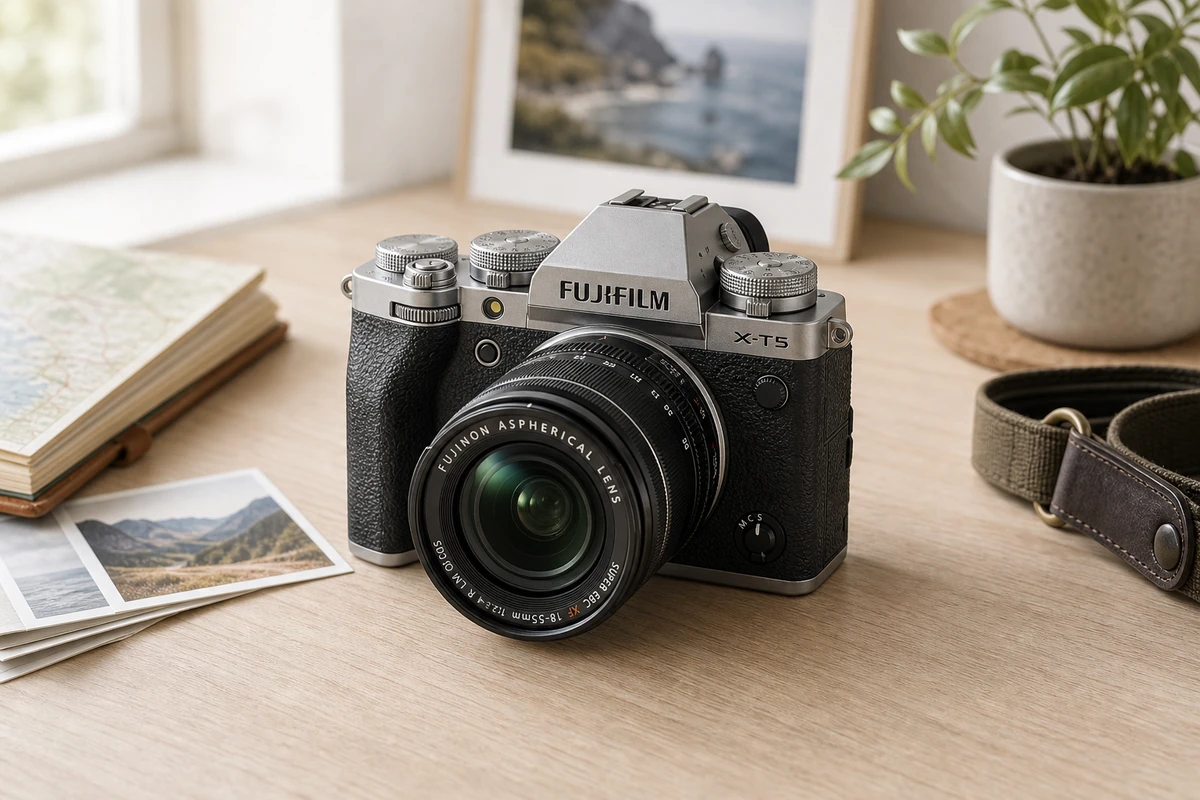 Fujifilm X-T5 with its retro top-plate dials on a bright creative desk