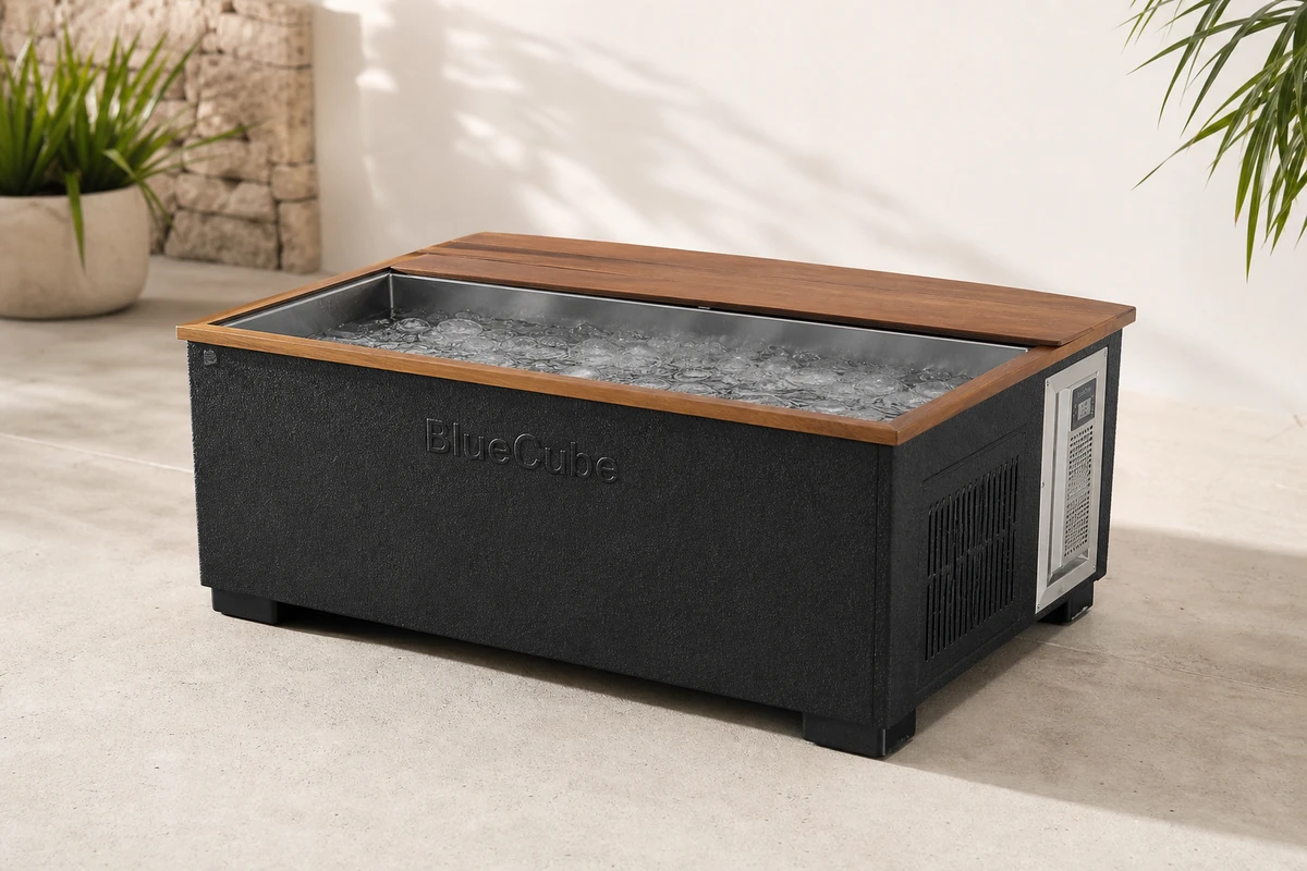 BlueCube CoreChill cold plunge tub in a bright wellness space