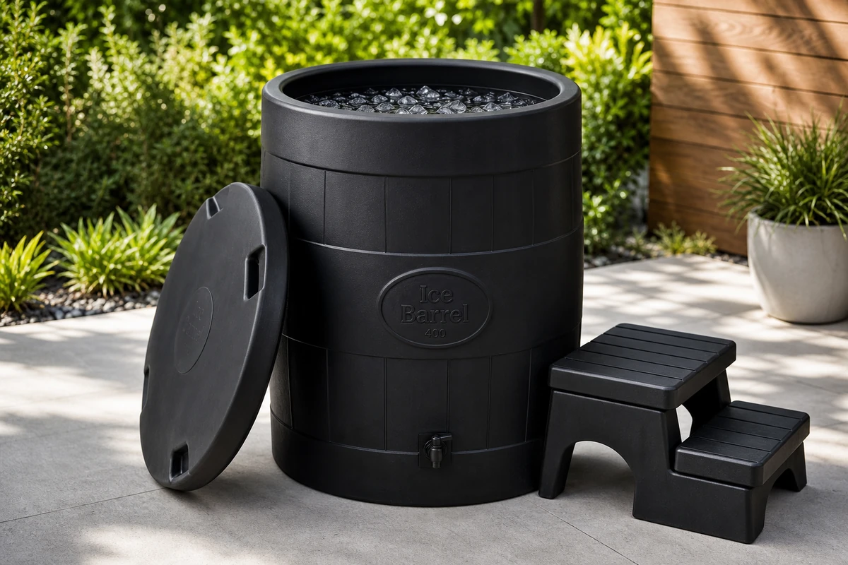 Ice Barrel 400 cold plunge barrel in a bright wellness space