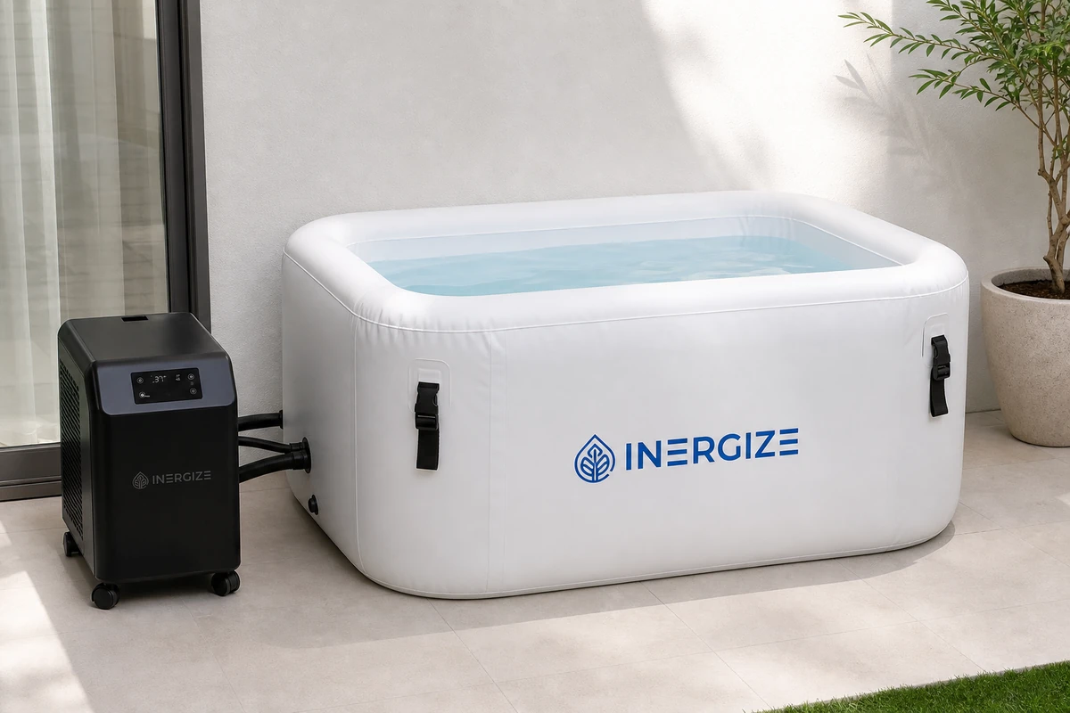 Inergize Cold & Hot Plunge Tub cold plunge tub in a bright wellness space