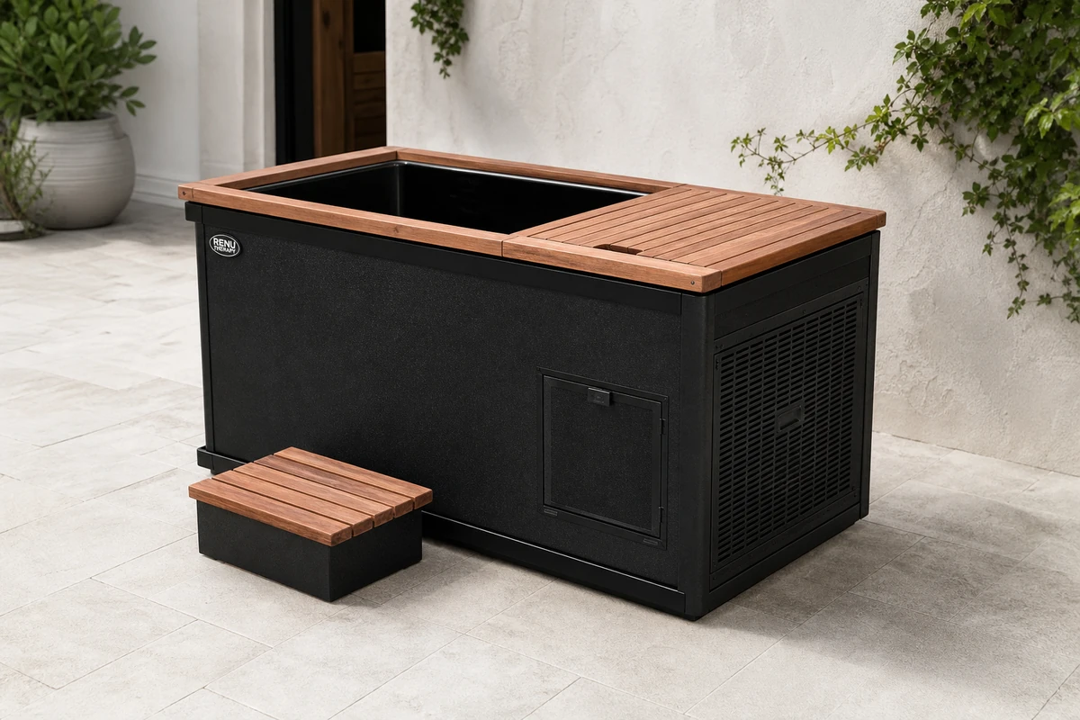 Renu Therapy Cold Stoic 2.0 cold plunge tub in a bright wellness space