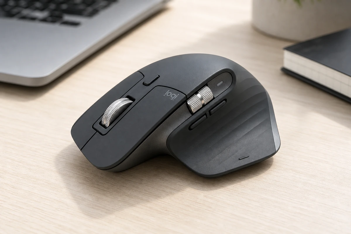 Logitech MX Master 3S wireless mouse in a bright desk setup
