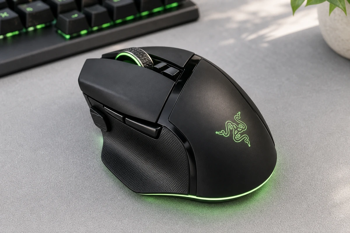 Razer Basilisk V3 Pro wireless gaming mouse in a bright desk setup