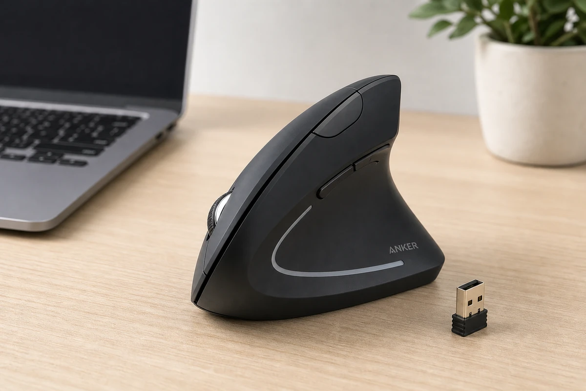 Anker 2.4G Vertical Ergonomic Mouse in a bright desk setup