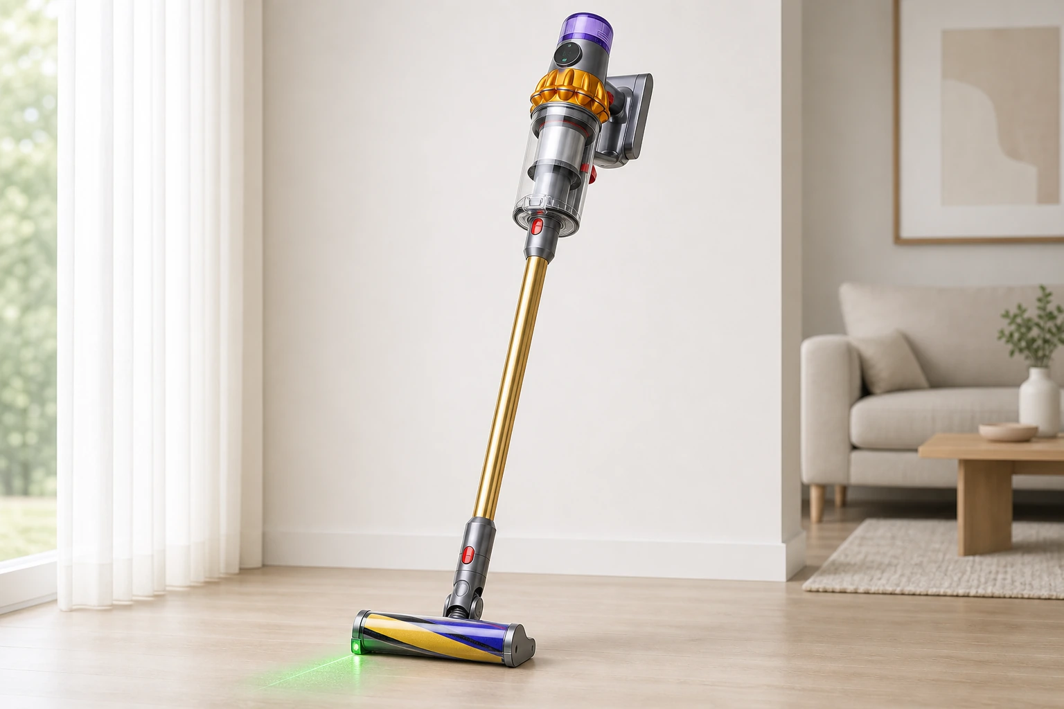 Dyson V15 Detect cordless vacuum with laser fluffy head in a bright home interior