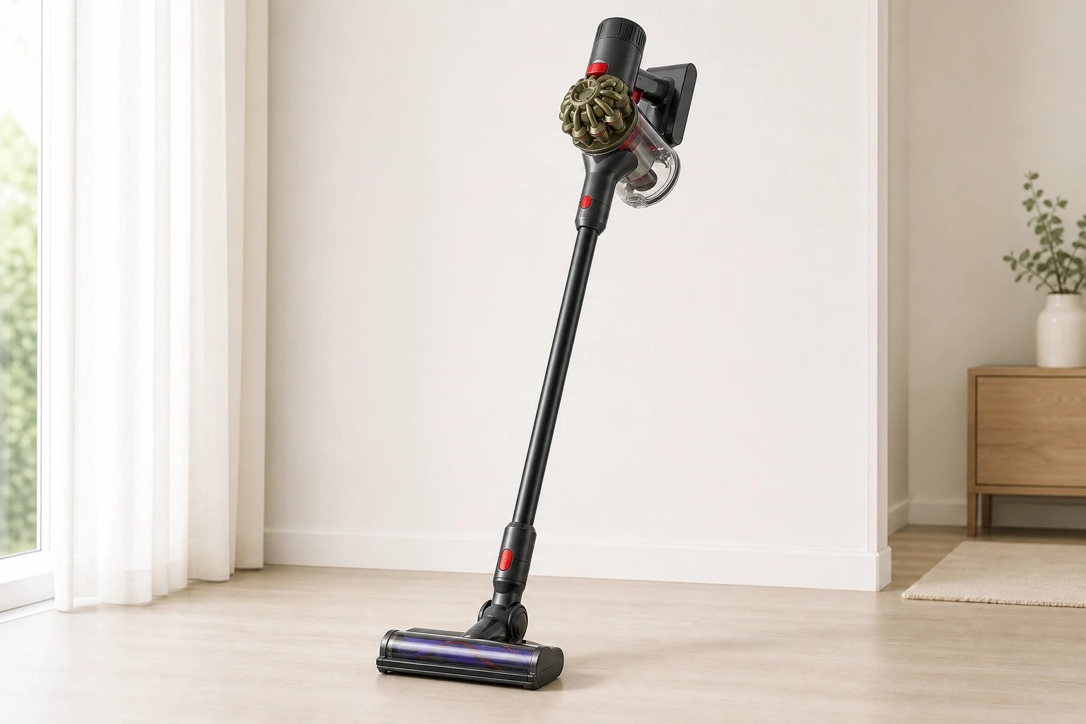 Dyson V8 Cyclone cordless vacuum in black and khaki in a bright home interior