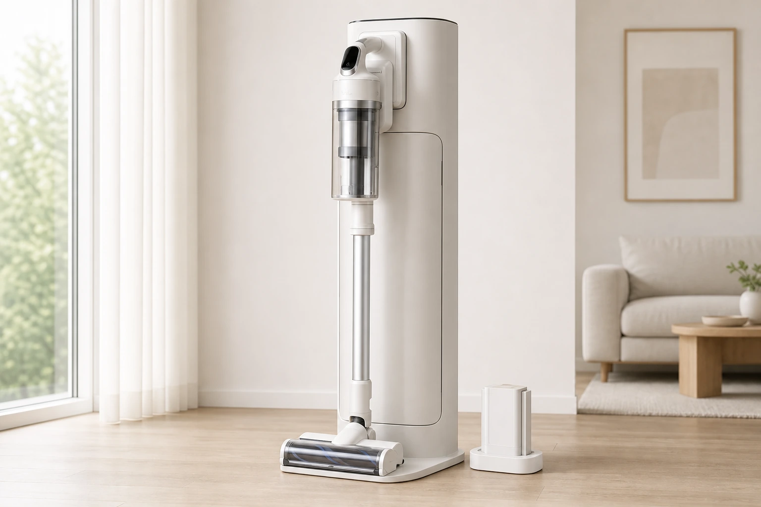 Samsung Bespoke AI Jet cordless vacuum with Clean Station in a bright home interior