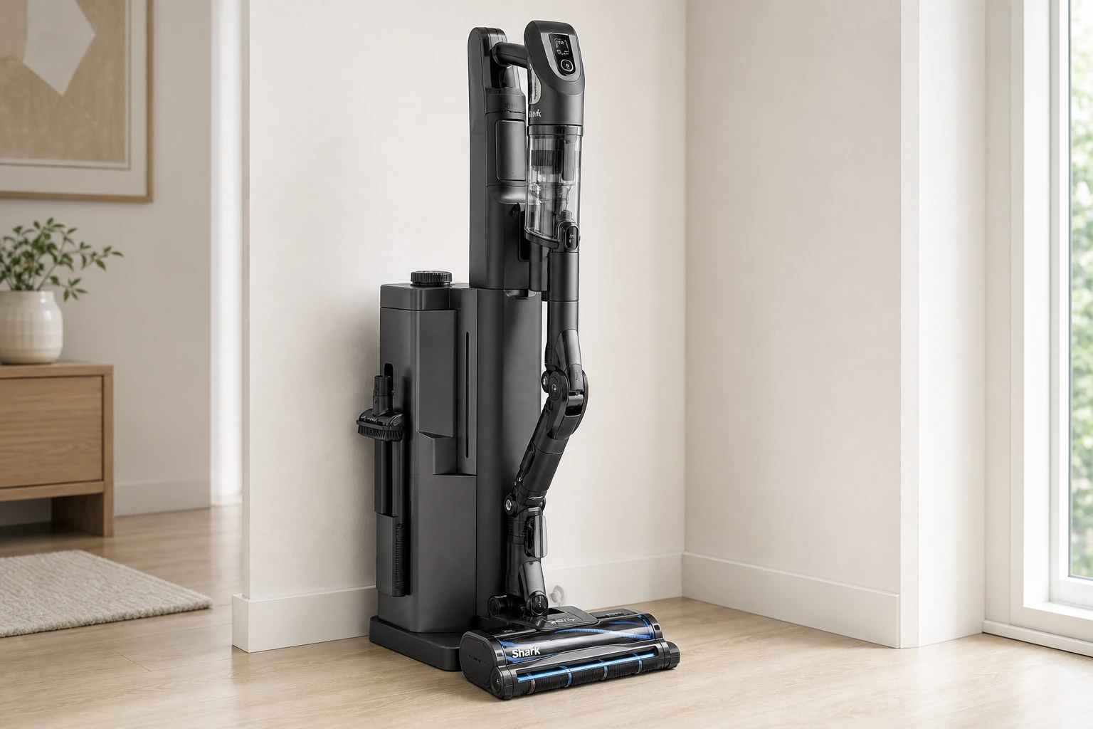 Shark PowerDetect Clean & Empty cordless vacuum and self-empty dock in a bright home interior