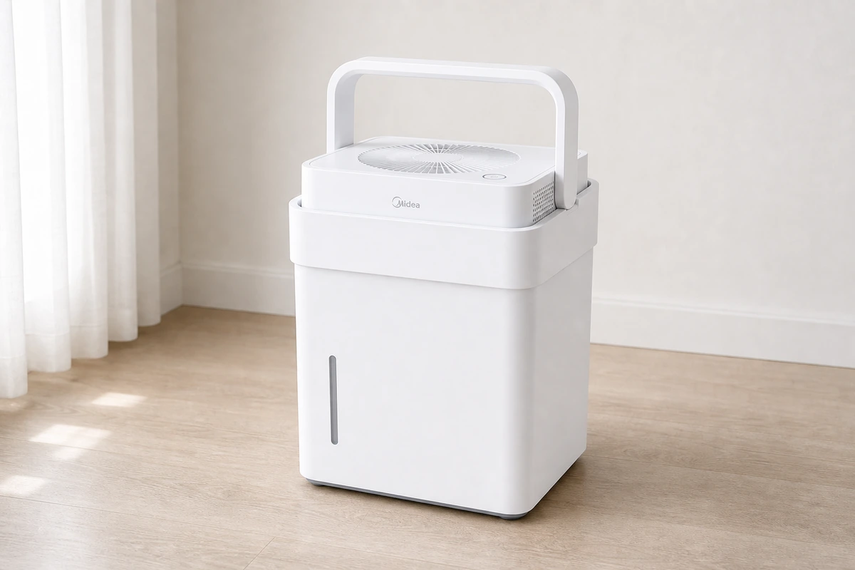 Midea Cube 35-Pint smart dehumidifier with handle, nested reservoir, top fan grille, and water-level slot