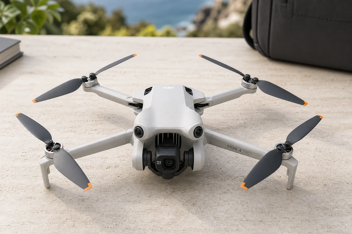DJI Mini 4 Pro drone in a bright outdoor setup