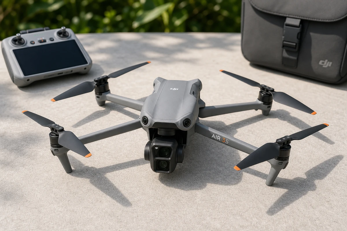 DJI Air 3S drone in a bright outdoor setup