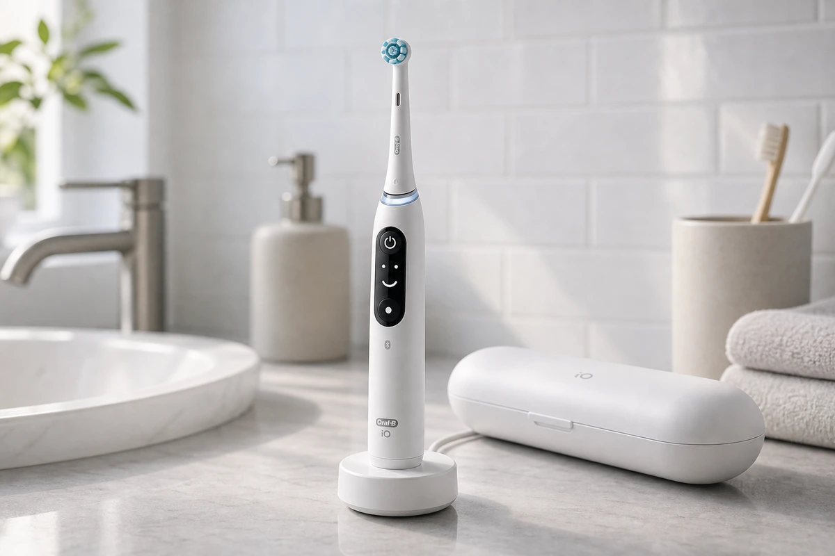 Oral-B iO Series 9 electric toothbrush on a bright bathroom counter