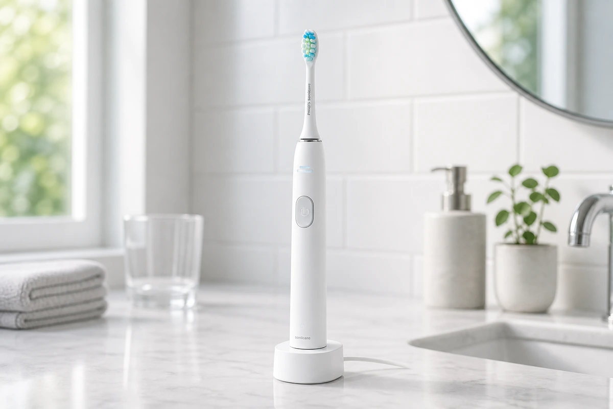 Philips Sonicare 4100 electric toothbrush on a bright bathroom counter