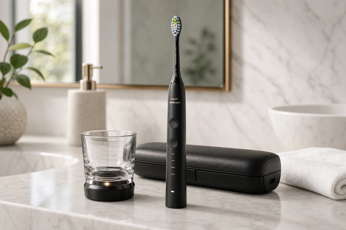 Philips Sonicare DiamondClean 9000 electric toothbrush with travel case on a bright bathroom counter