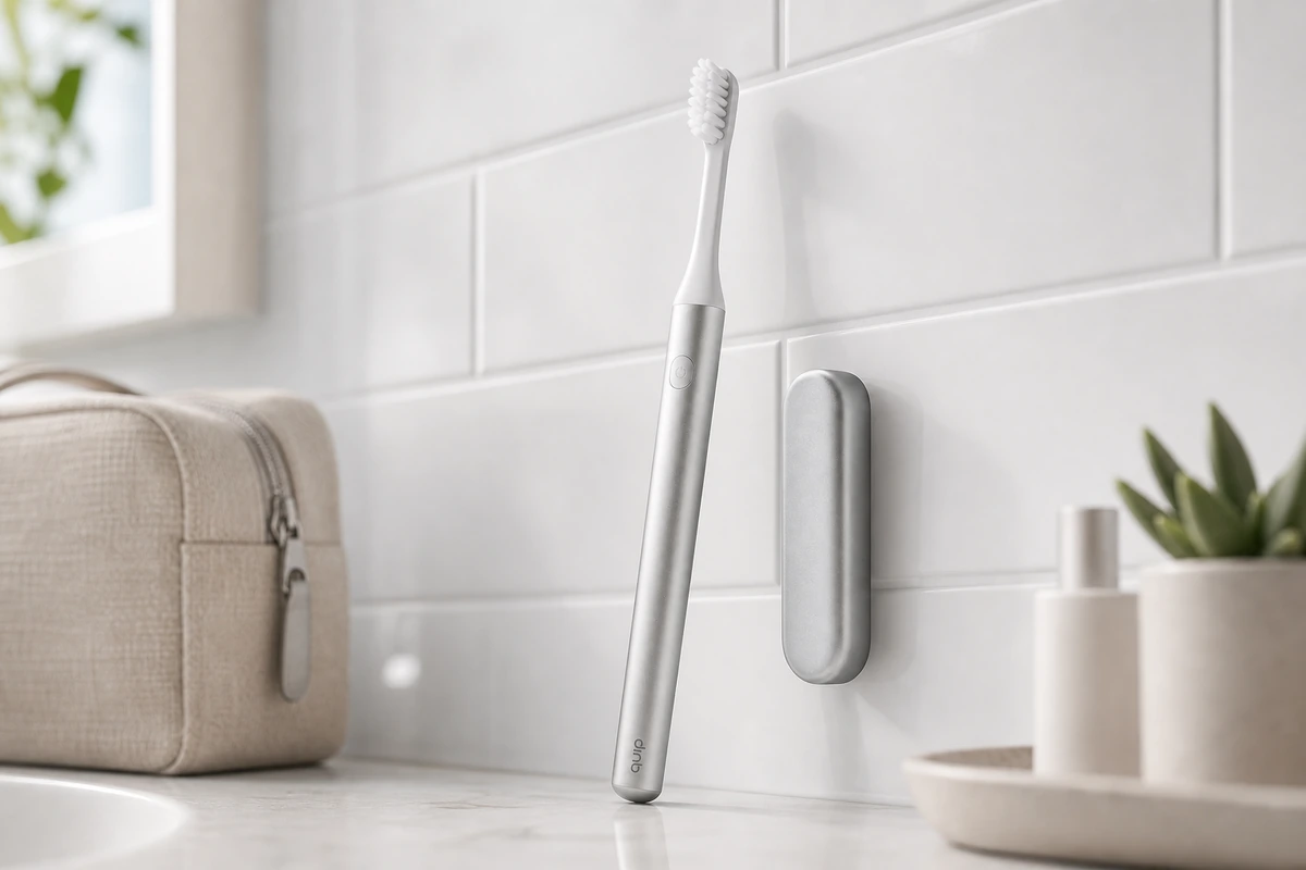 Quip Rechargeable Electric Toothbrush on a bright bathroom counter