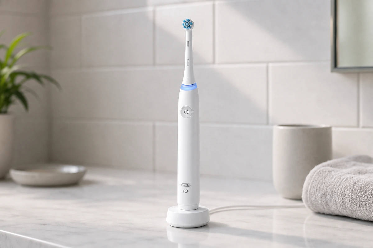 Oral-B iO Series 3 electric toothbrush on a bright bathroom counter