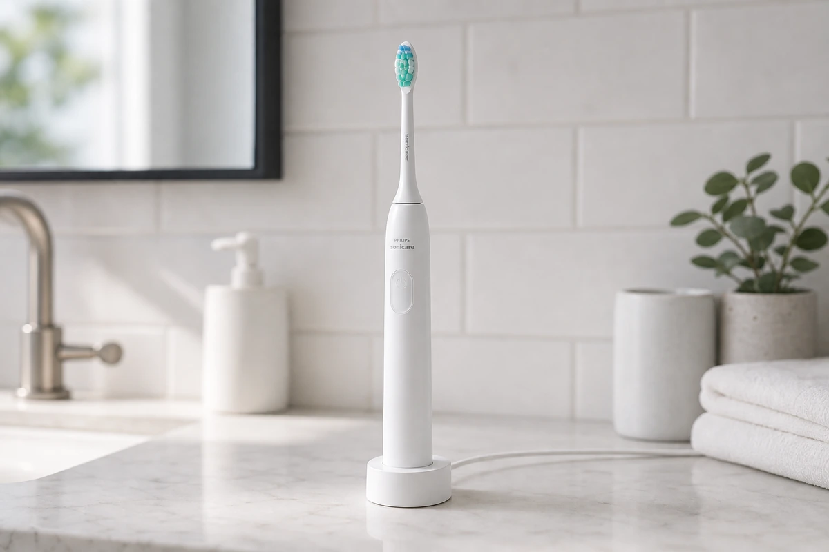 Philips Sonicare 1100 electric toothbrush on a bright bathroom counter