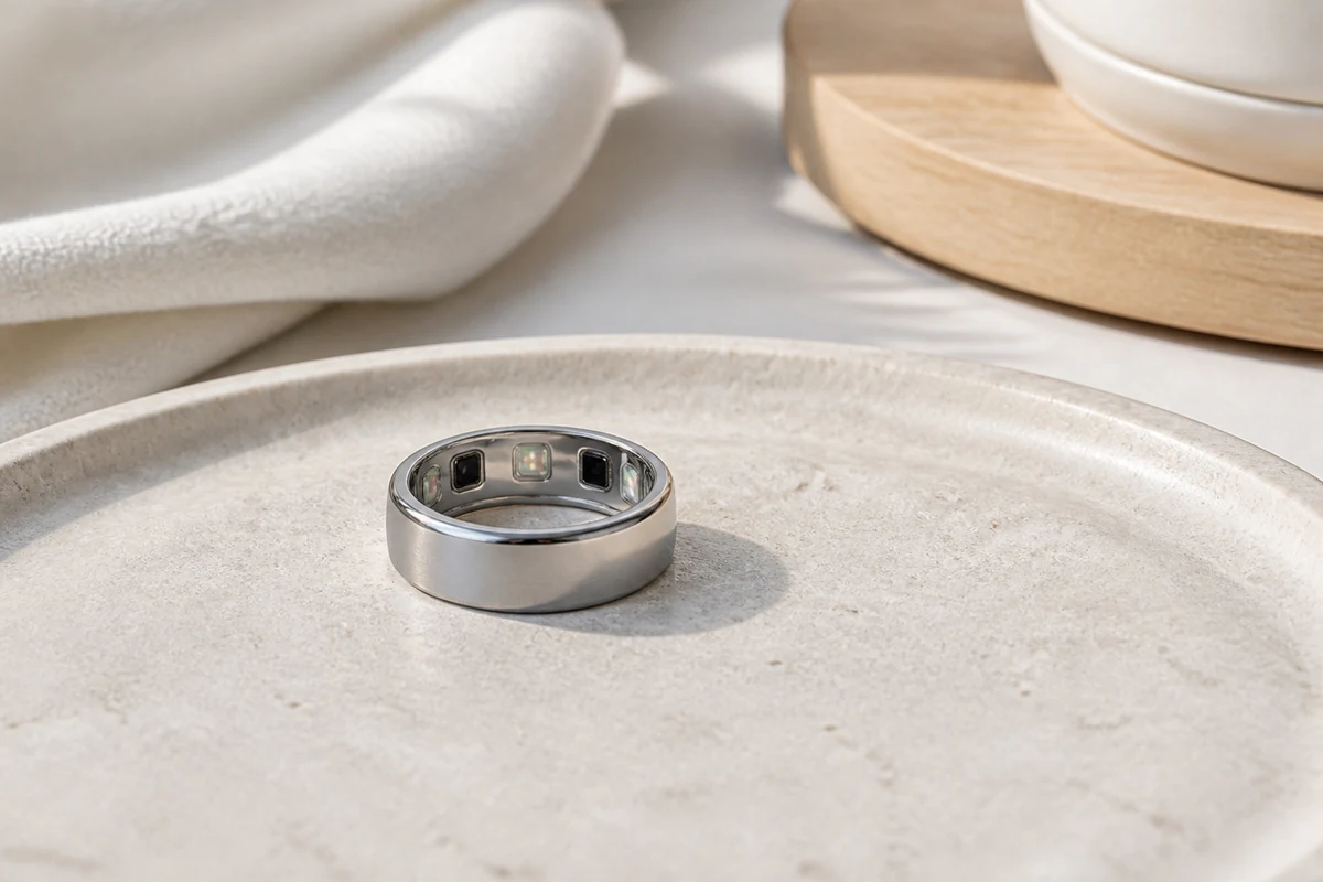 Oura Ring 5 fitness tracker ring in a bright wellness setup