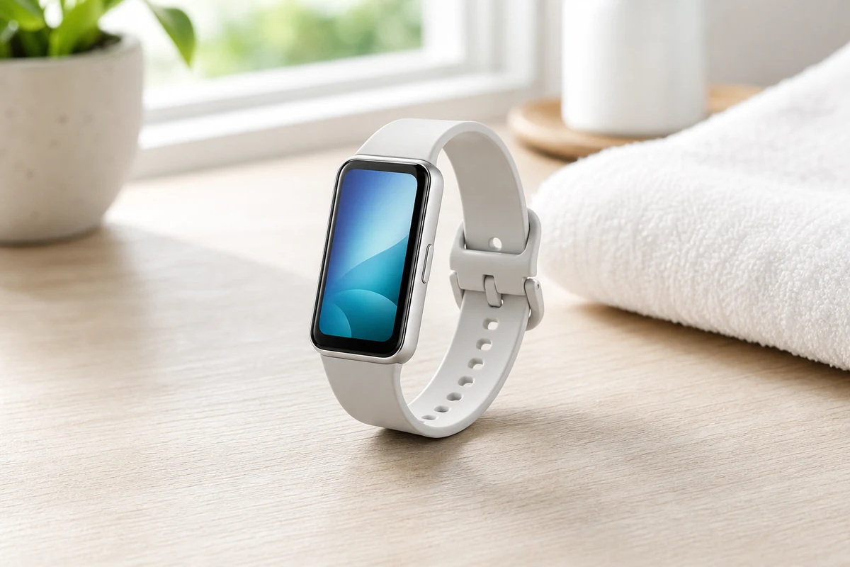 Samsung Galaxy Fit3 fitness tracker with non-readable abstract screen