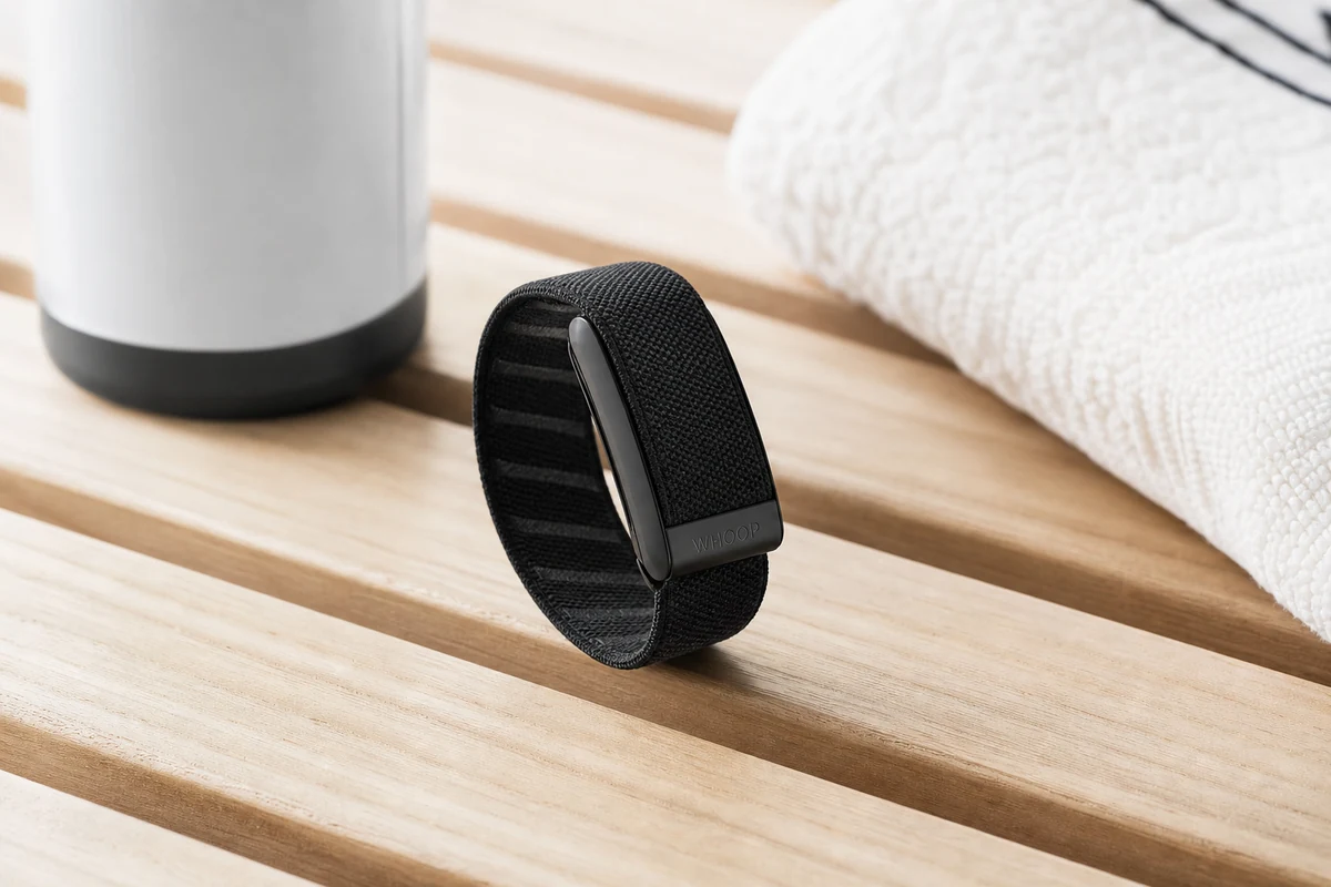WHOOP 5.0 screen-free fitness tracker in a bright wellness setup
