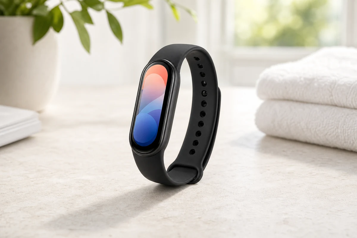 Xiaomi Smart Band 10 fitness tracker with non-readable abstract screen