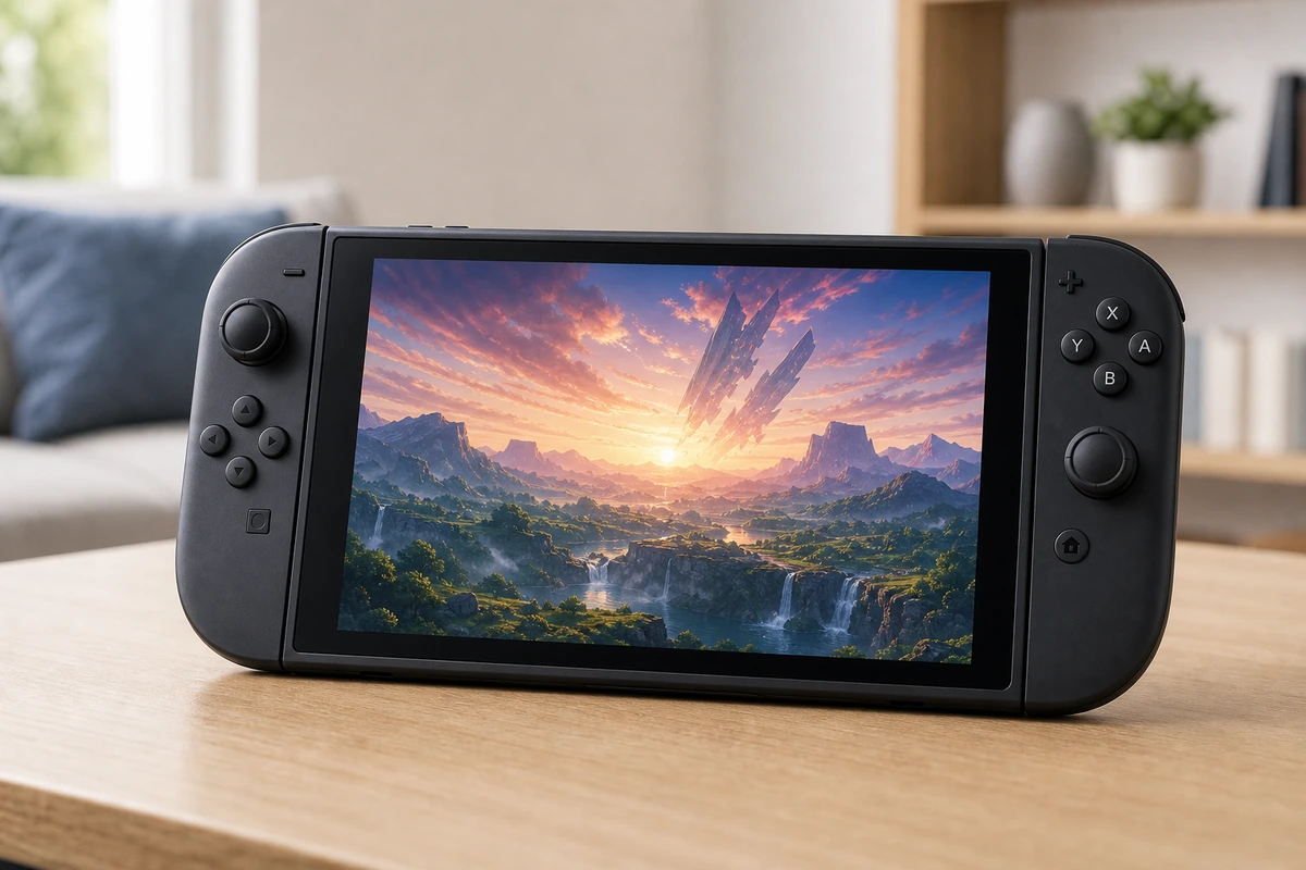 Nintendo Switch 2 handheld gaming console on a bright desk