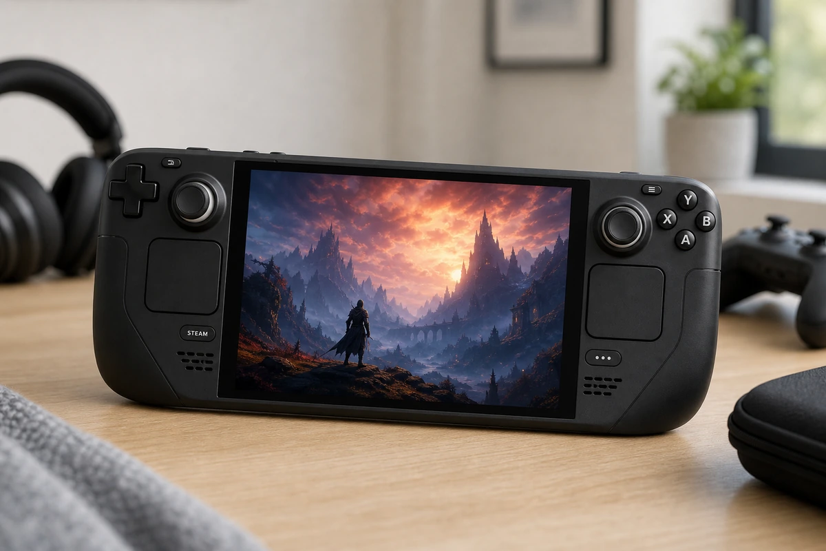 Valve Steam Deck OLED handheld gaming PC on a bright desk