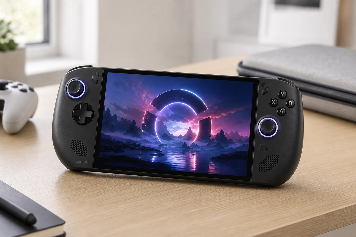 Lenovo Legion Go S SteamOS handheld gaming PC on a bright desk