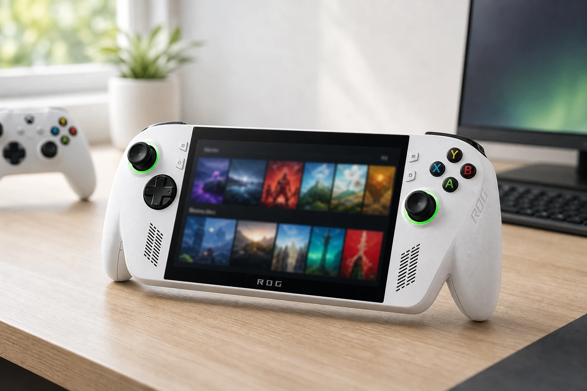 ASUS ROG Xbox Ally handheld gaming PC on a bright desk